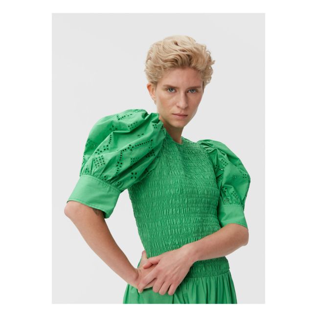 Vestido fruncido Bordado inglés Algodón orgánico | Verde