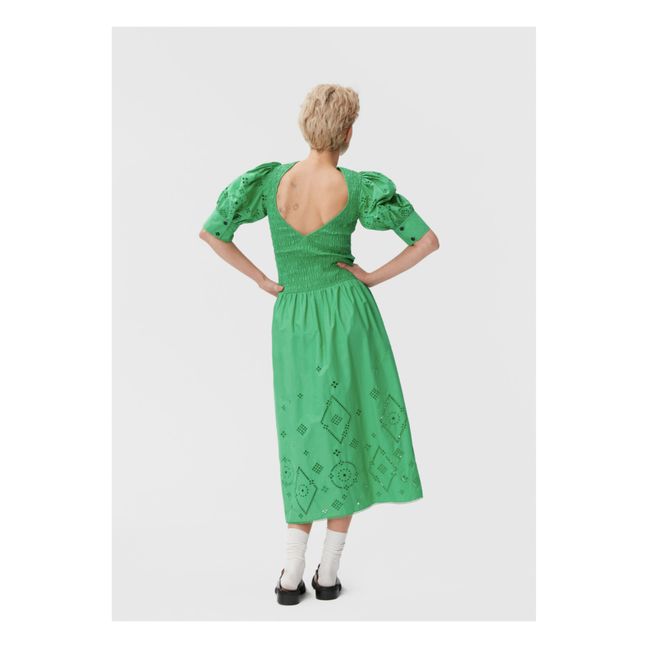 Organic Cotton Broderie Anglaise Smocked Dress Green