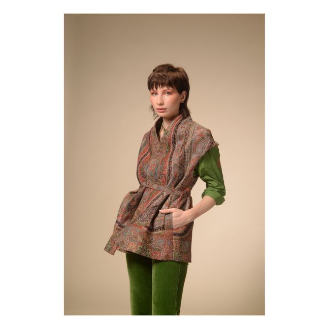 Jamawar Sleeveless Organic Wool Print Kimono | Beige