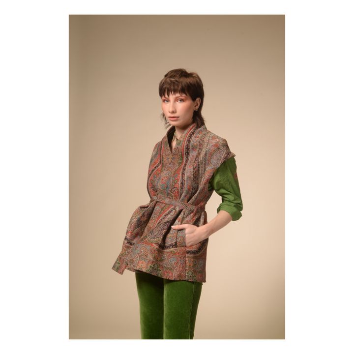 Jamawar Sleeveless Organic Wool Print Kimono | Beige- Produktbild Nr. 2