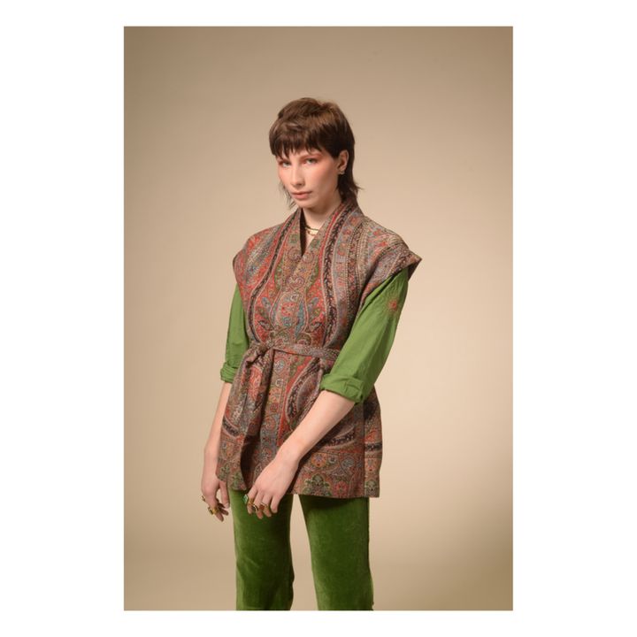 Jamawar Sleeveless Organic Wool Print Kimono | Beige- Produktbild Nr. 3