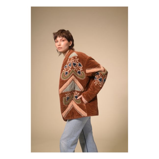 Embroidered Velour Patchwork Coat Avellana