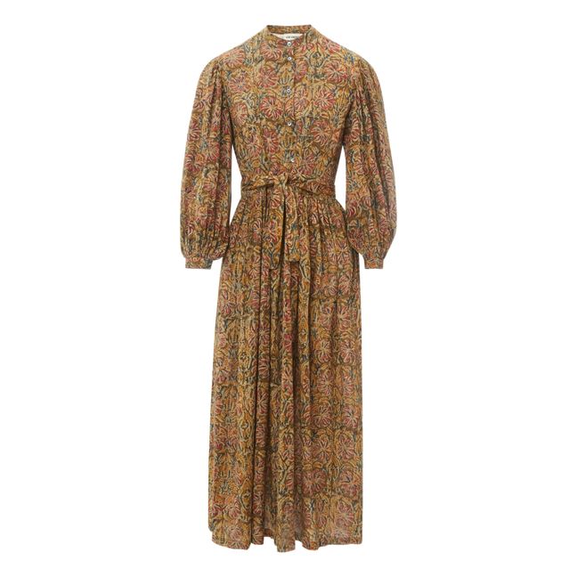 Khadi Belted Cotton Ajrak Dress Marrone