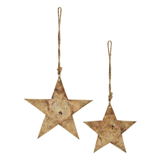 Recycled Metal Star Christmas Decorations - Set of 2 | Marrón