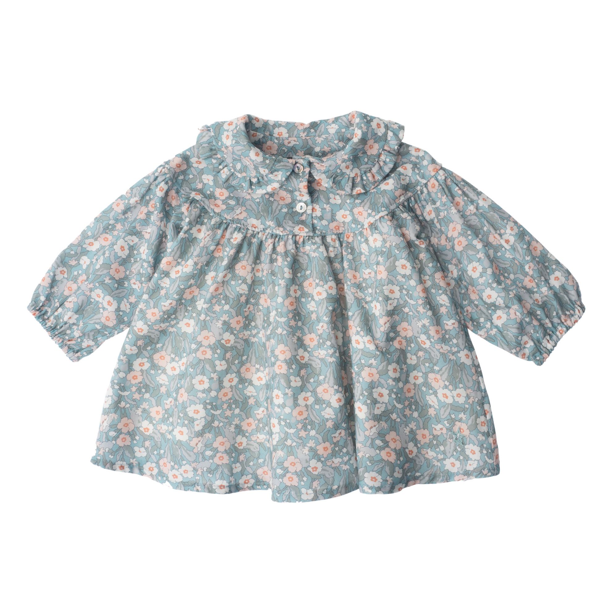 Robe Fille Vintage Bleu Fleurs Brodée - Style Bohème Années 60/70 - 100% Coton Fait Main - Occasion Très Bon état