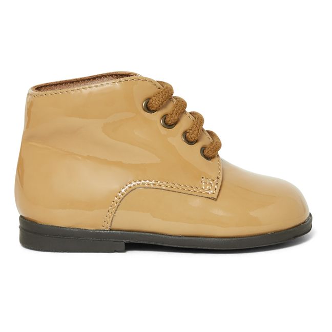 Patent Leather Lace-Up Boots Camel