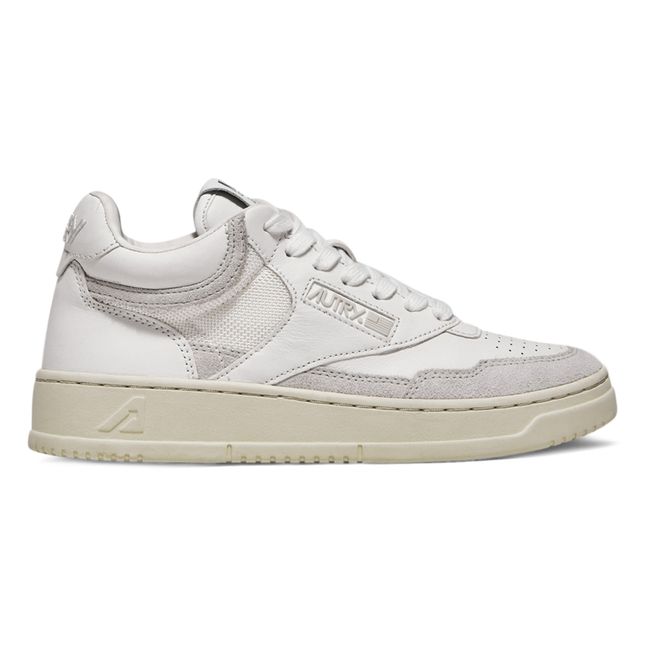 Open Mid-Top Smooth Leather Suede Sneakers Bianco