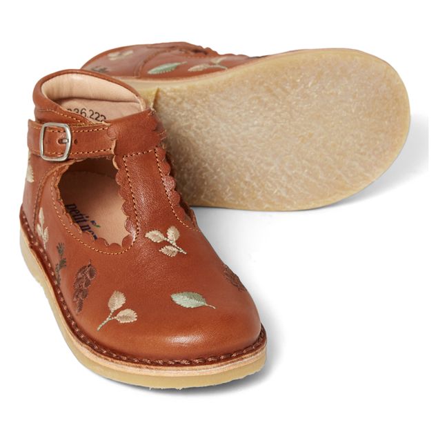 Embroidered T-Bar Mary Janes - Uniqua Capsule Collection Cognac