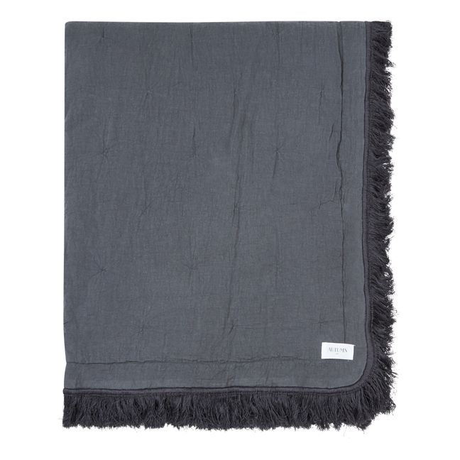 Couvre lit en coton et lin bio avec franges | Charbon