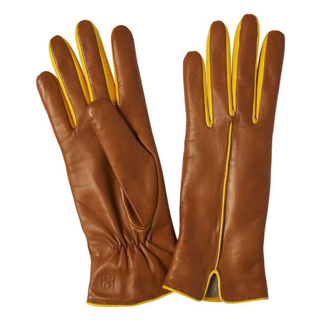 Statement Two-Tone Cashmere Lined Leather Gloves | Camel