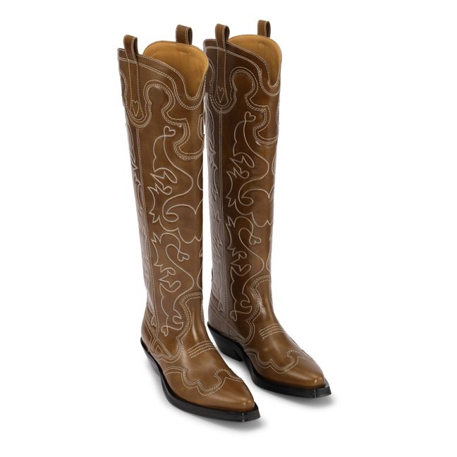Western Long Leather Boots Marrón