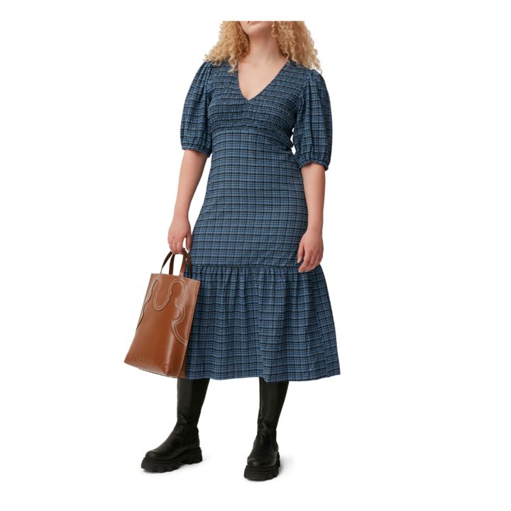 Seersucker Cotton Crepe Checked Dress | Blu- Immagine del prodotto n°1
