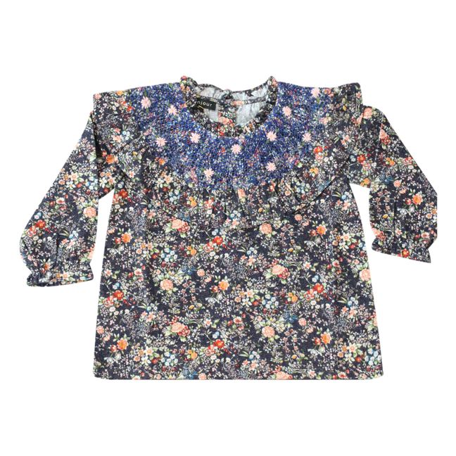 Hand Smocked Floral Print Corduroy Blouse | Blu marino