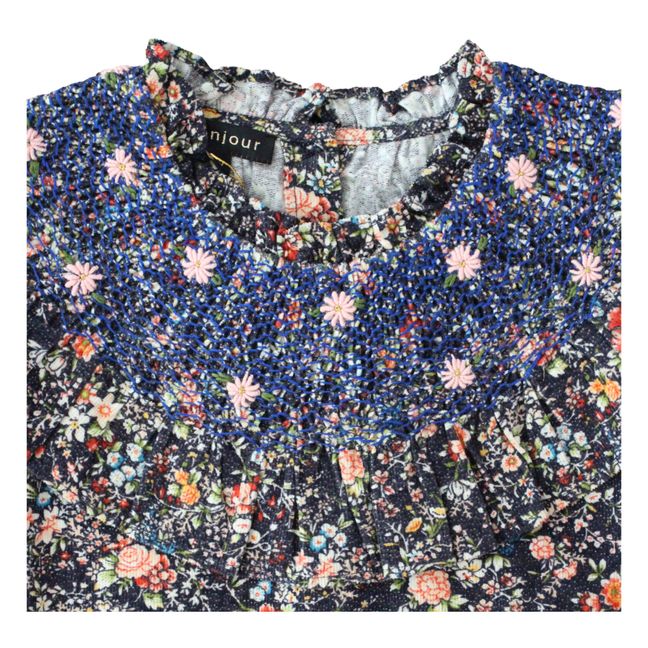 Hand Smocked Floral Print Corduroy Blouse | Blu marino