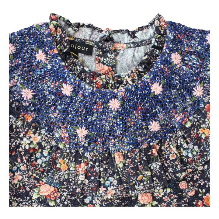 Hand Smocked Floral Print Corduroy Blouse | Navy blue- Product image n°1