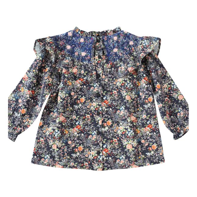 Hand Smocked Floral Print Corduroy Blouse | Navy