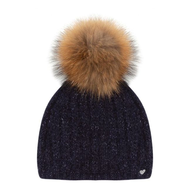 Wool and Mohair Fur Pompom Beanie | Navy blue