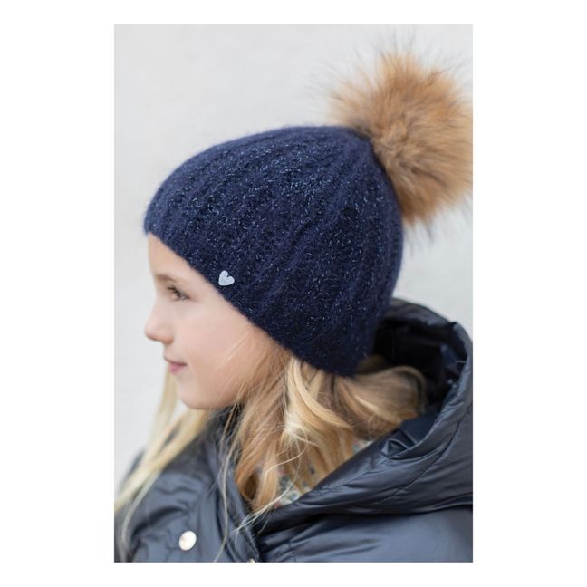 Wool and Mohair Fur Pompom Beanie | Navy