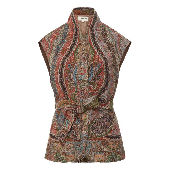 Jamawar Sleeveless Organic Wool Print Kimono | Beige