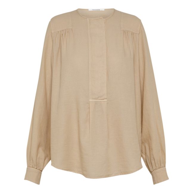 Cotton and Wool Button-Up Blouse | Beige Nude