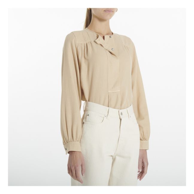 Cotton and Wool Button-Up Blouse | Nude Beige