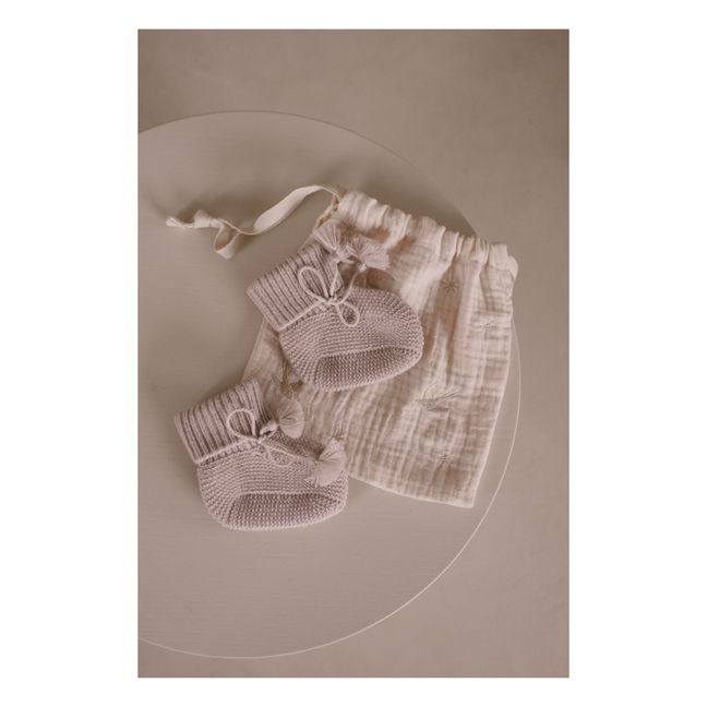 Knitted Booties and Embroidered Pouch | Pearl grey
