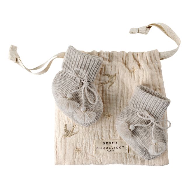 Knitted Booties and Embroidered Pouch | Pearl grey