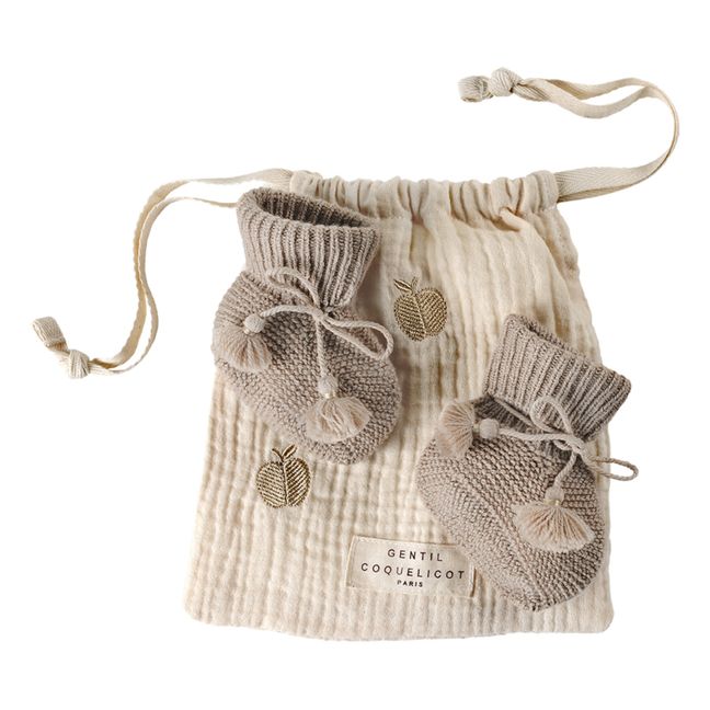 Knitted Booties and Embroidered Pouch | Taupe brown