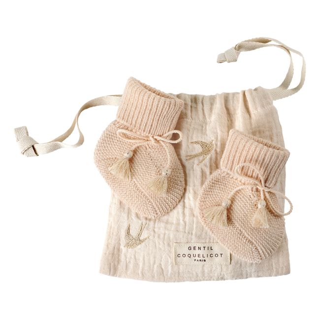 Knitted Booties and Embroidered Pouch | Nude
