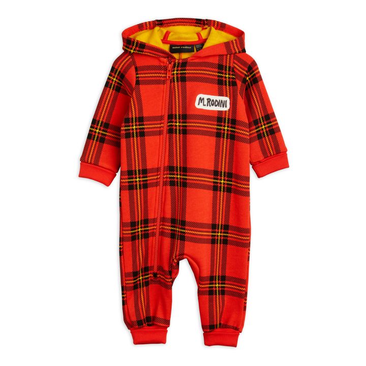 Checked Organic Fleece Hooded Jumpsuit | Red- Product image n°0