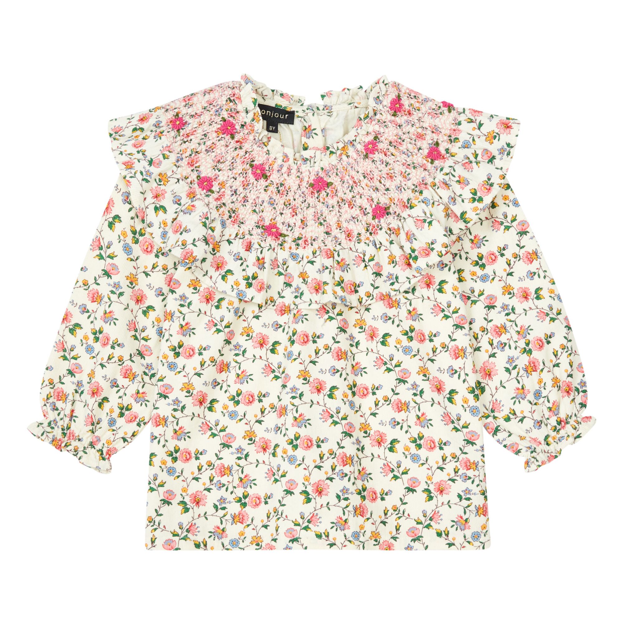 Hand Smocked Floral Print Corduroy Blouse | Ecru