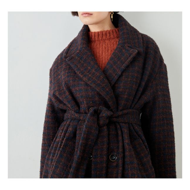 Silvana Long Woollen Checked Belted Coat | Azul Marino