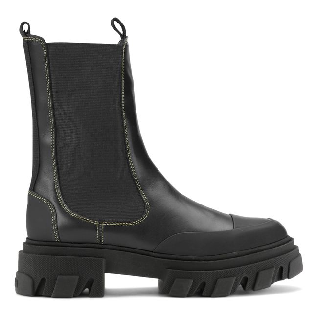Chelsea Boots Mi-Hautes Cuir Coutures Jaunes | Noir
