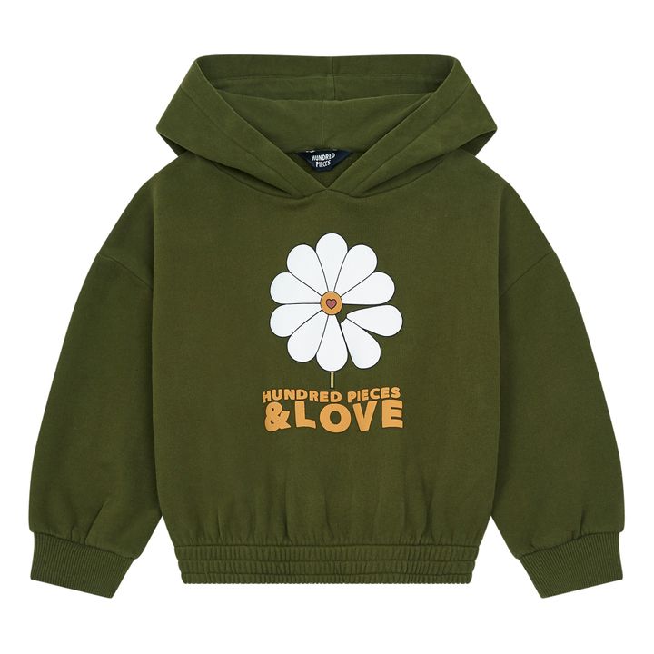 Organic Cotton Hundred Pieces & Love Hoodie | Olive green- Product image n°0