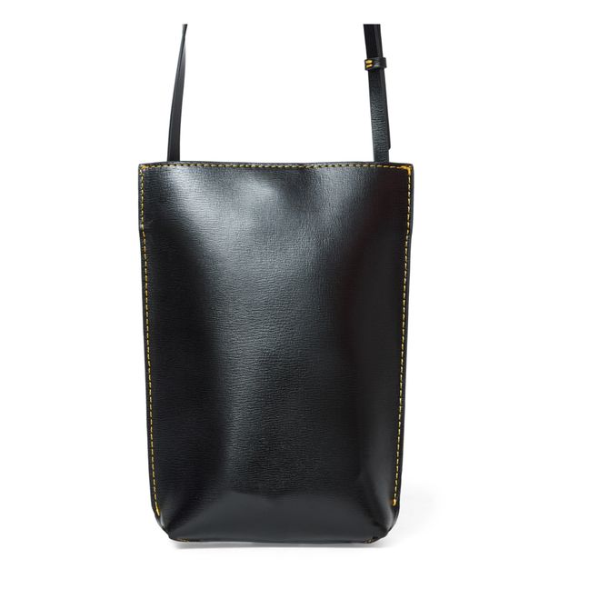 Recycled Leather Yellow Stitch Small Banner Bag | Schwarz