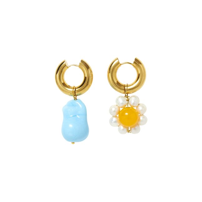 Flower and Baroque Pearl Earrings | Blue