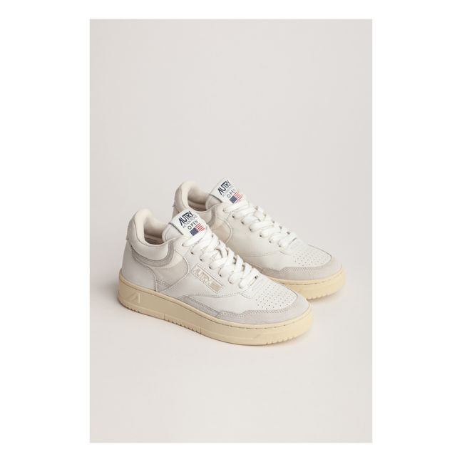 Open Mid-Top Smooth Leather Suede Sneakers | White