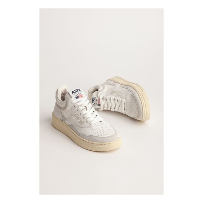 Open Mid-Top Smooth Leather Suede Sneakers | White