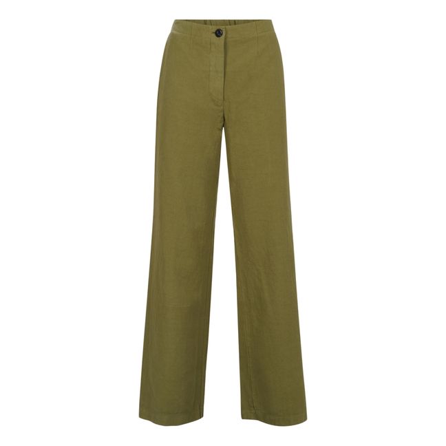 Pantaloni dritti in cotone e lino | Verde oliva