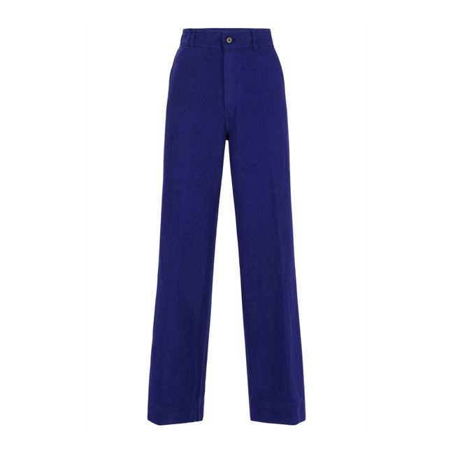 Cotton and Linen Straight-Leg Trousers | Blue