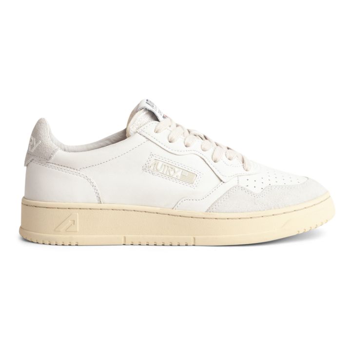 Open Low-Top Smooth Leather/Suede Sneakers | White- Product image n°0