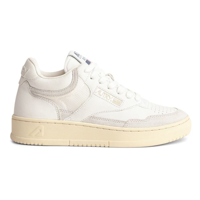 Open Mid-Top Smooth Leather Suede Sneakers | White