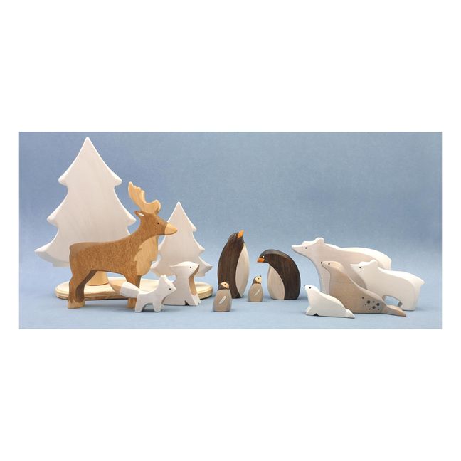 Holzfigur gebeugter Pinguine