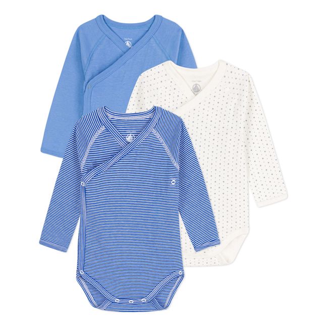 Organic Cotton Long Sleeve Wrap Front Babygrows - Set of 3 | Azul