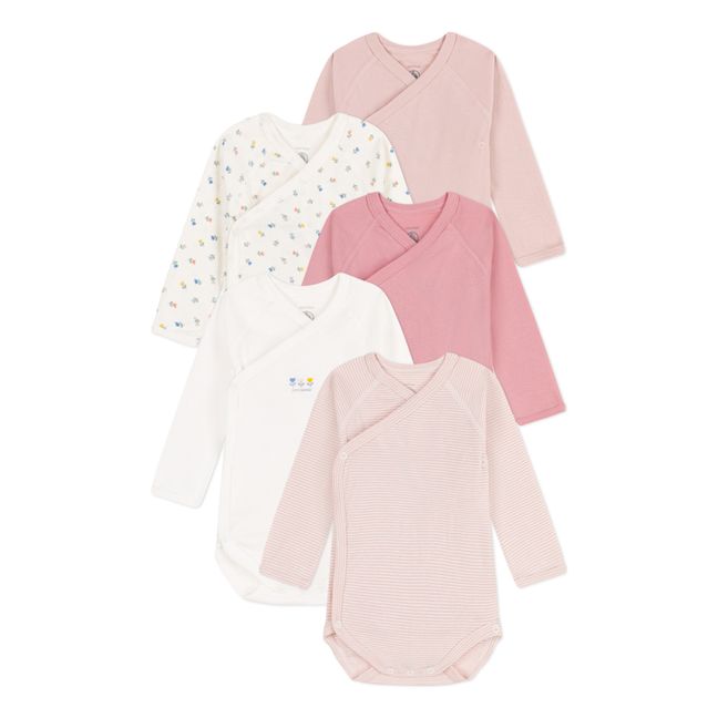 Organic Cotton Long Sleeve Wrap Front Babygrows - Set of 5 | Pink