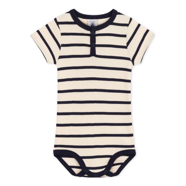 Striped Short Sleeve Ribbed Babygrow | Beige
