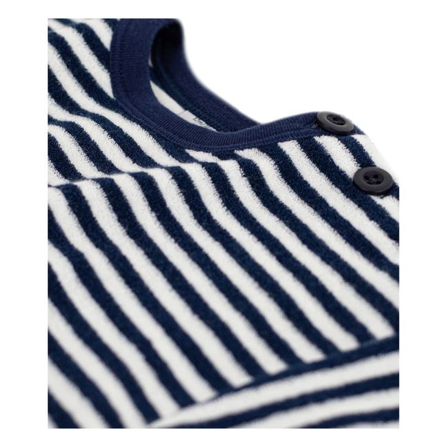 Sudadera con cuello redondo a rayas de felpa | Azul Marino