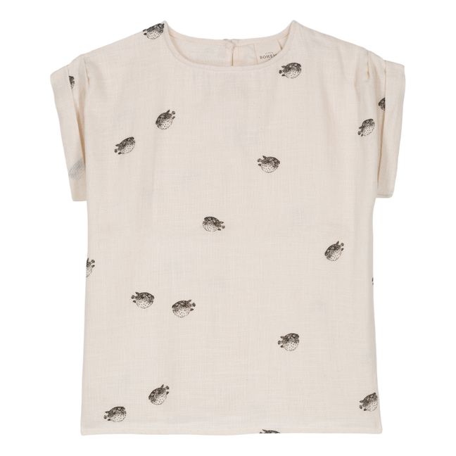 Praslin Cotton Gauze Short Sleeve T-Shirt Fish Print | Ecru