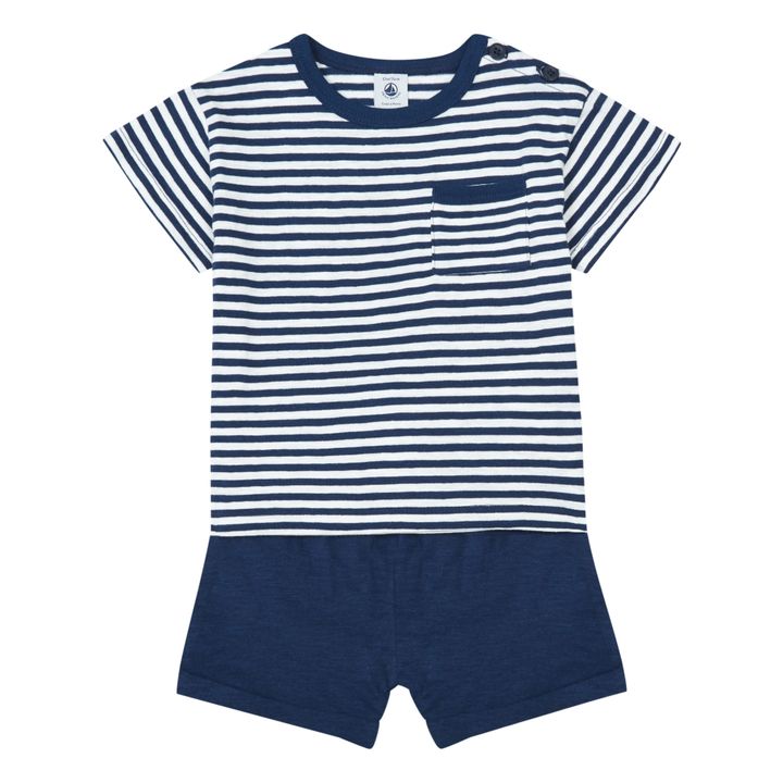 Slub Jersey and Cotton T-shirt and Shorts Set | Navy blue- Product image n°0
