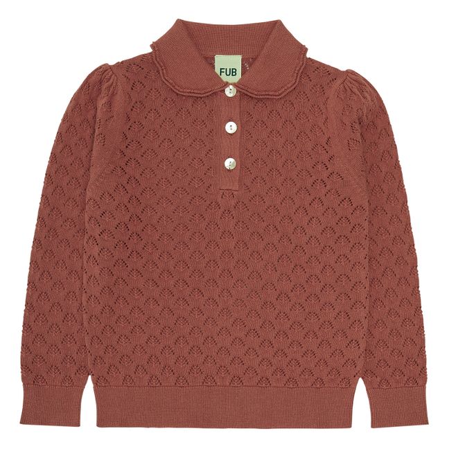 Organic Fine Knit Pointelle Collared Sweater | Terracotta
